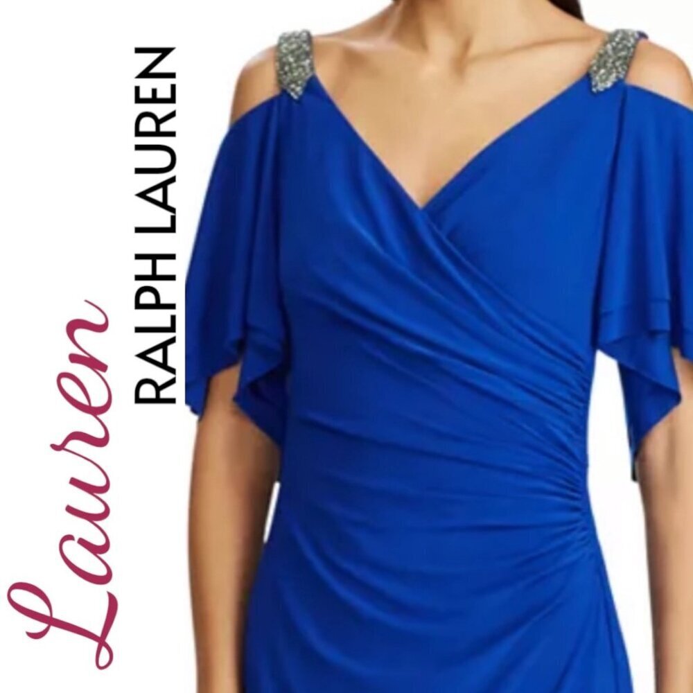 NWT LAUREN RALPH LAUREN COBALT BLUE COLD SHOULDER RUCHED COCKTAIL DRESS SIZE 10P